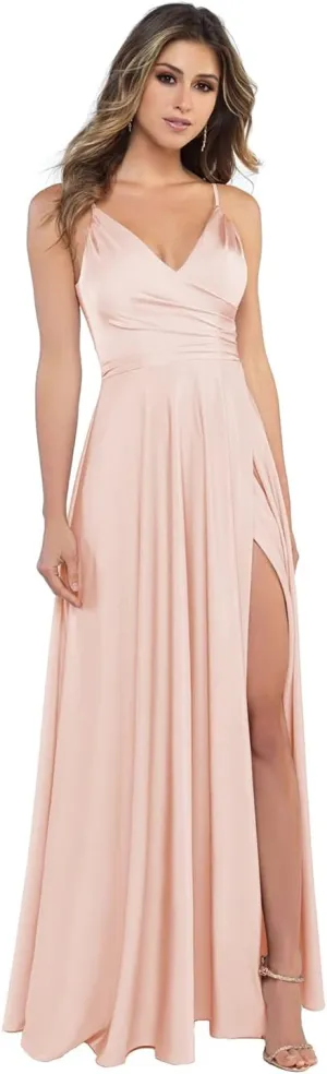 V Neck Satin Bridesmaid Dresses Long for Women Spaghetti Straps Prom Party Formal Gowns with Pockets