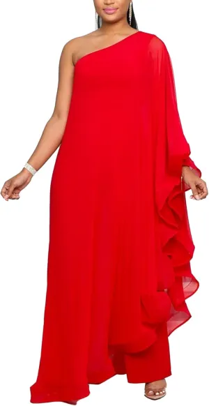 Vakkest Women's Sexy Formal Gown Dresses Off One Shoulder Sleeveless Jumpsuit Long Split Summer Party Wedding Gala Dress