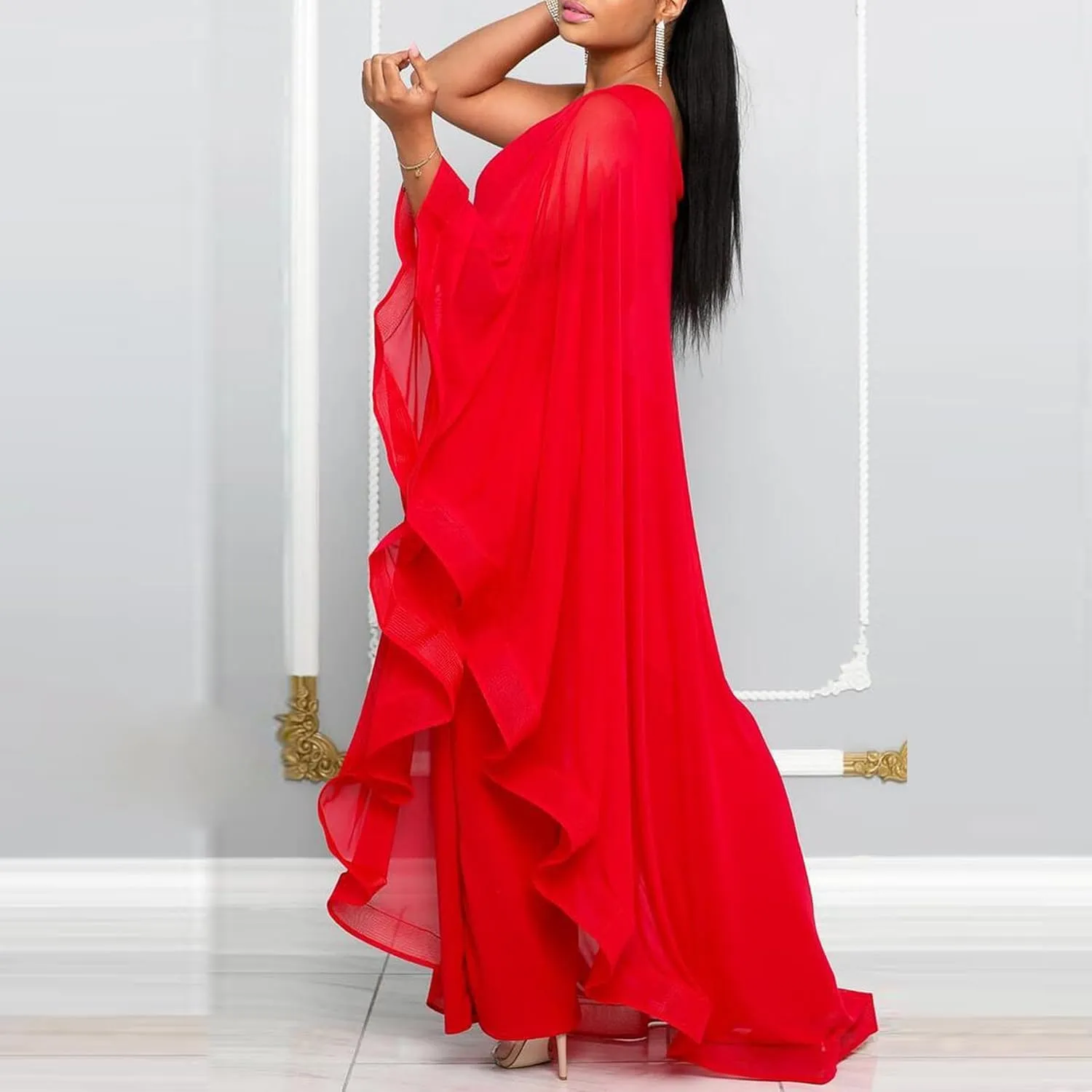 Vakkest Women's Sexy Formal Gown Dresses Off One Shoulder Sleeveless Jumpsuit Long Split Summer Party Wedding Gala Dress