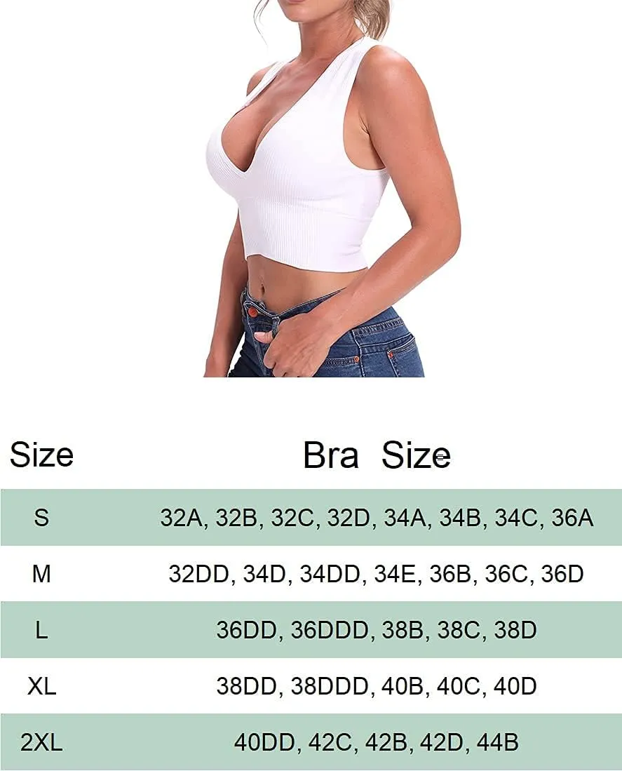 Venbond Women's Sexy Sleeveless Seamless Crop Top Deep Plunge V Neck Ribbed Tank Top with Removable Pads