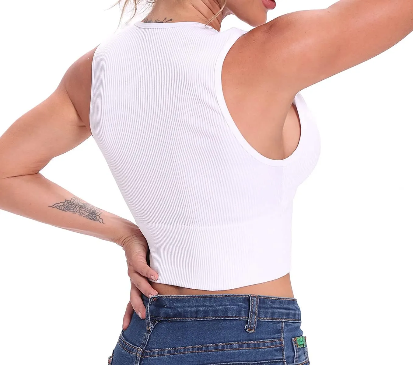 Venbond Women's Sexy Sleeveless Seamless Crop Top Deep Plunge V Neck Ribbed Tank Top with Removable Pads