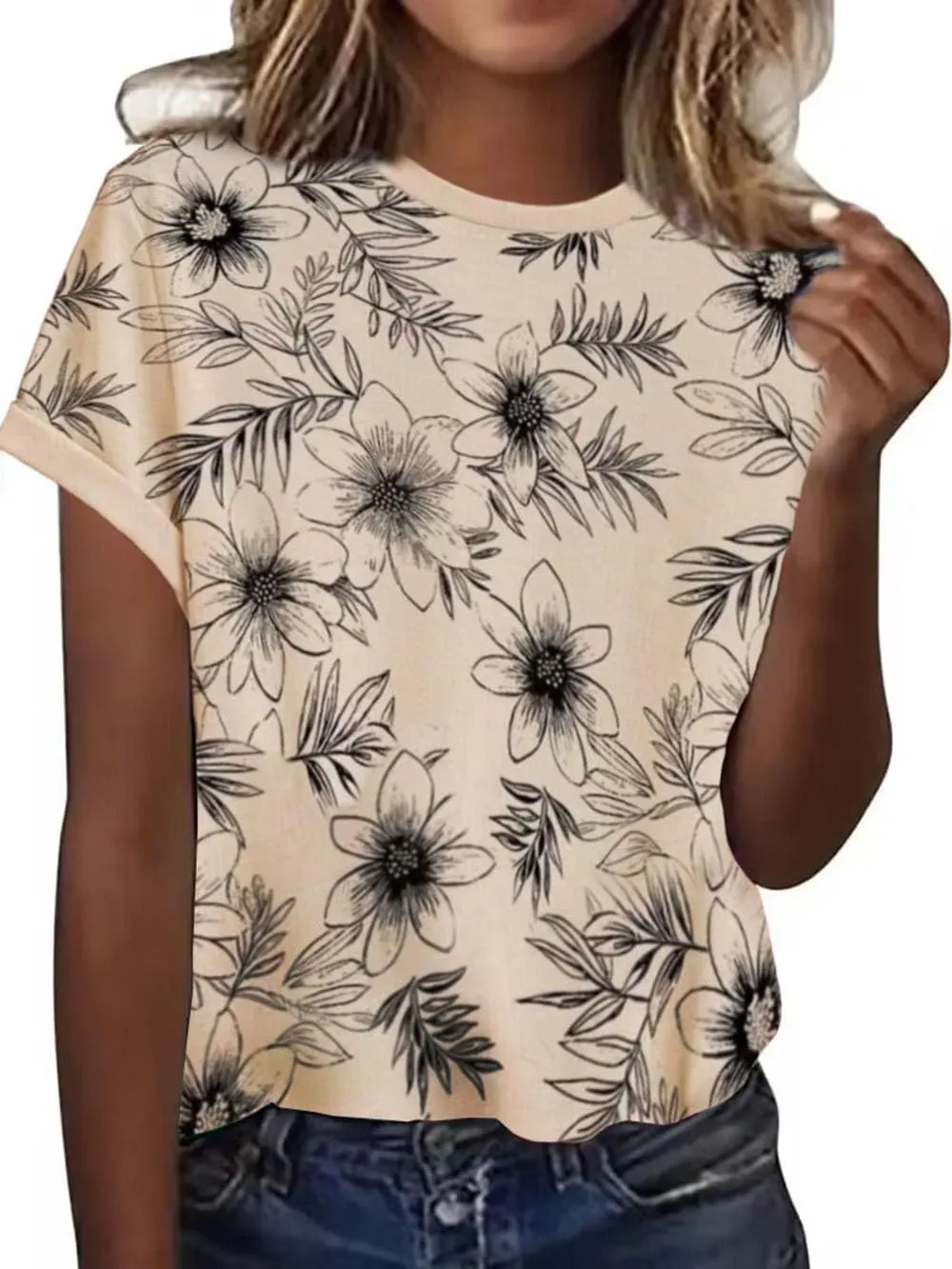 Vintage Allover Flowers Print Shirt Women's Casual Boho Floral Graphic T Shirt Plant Lover Shirts Short Sleeve Tops