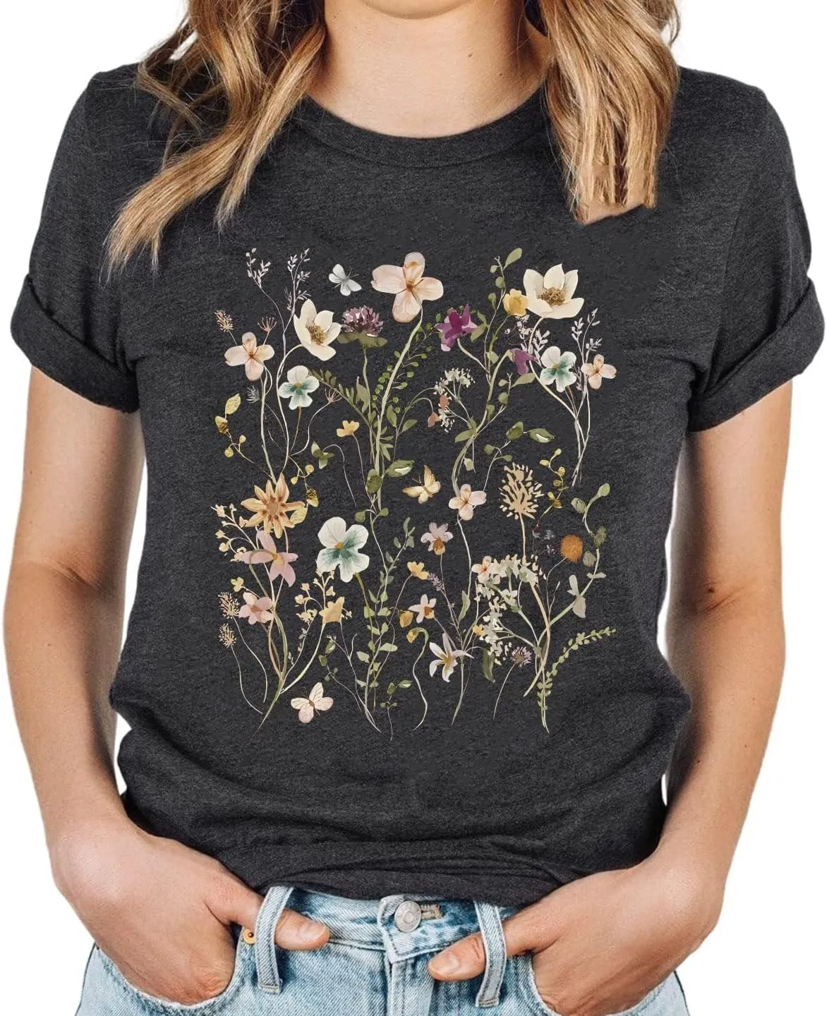 Vintage Wildflowers Graphic Shirt Women's Casual Holiday Short Sleeved T-Shirt Boho Floral Printed Tee Fall Tops