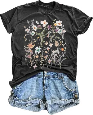 Vintage Wildflowers Graphic Shirt Women's Casual Holiday Short Sleeved T-Shirt Boho Floral Printed Tee Fall Tops