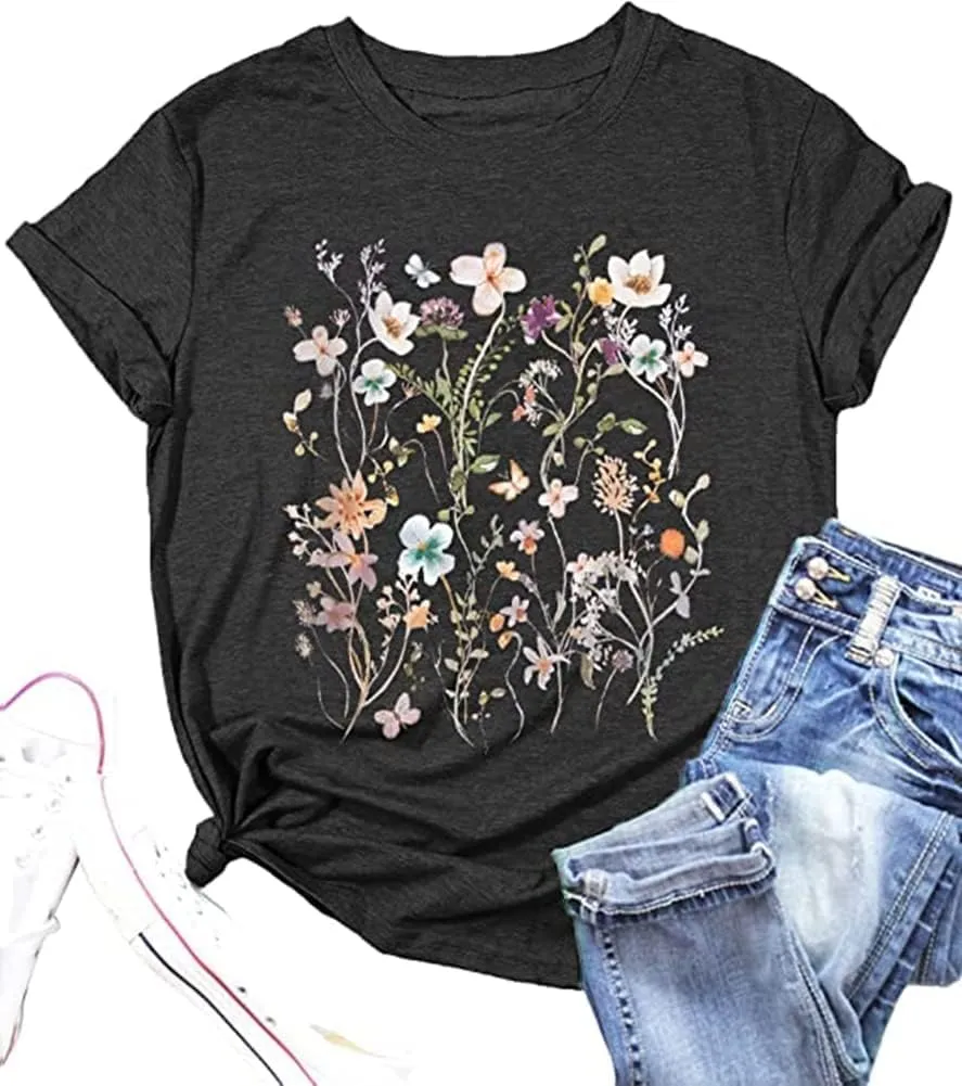 Vintage Wildflowers Graphic Shirt Women's Casual Holiday Short Sleeved T-Shirt Boho Floral Printed Tee Fall Tops