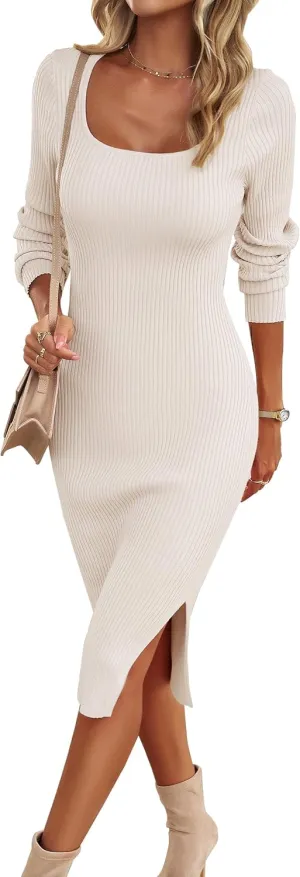VintageClothing Women's 2025 Fall Long Sleeve Sweater Dress Square Neck Side Slit Bodycon Ribbed Knit Slim Fit Midi Dress