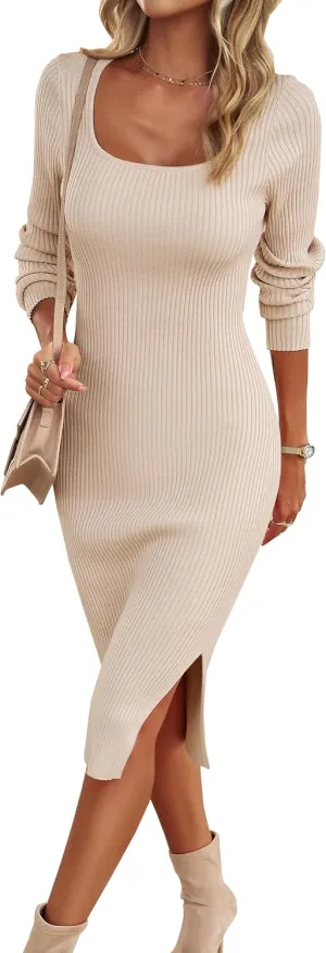 VintageClothing Women's 2025 Fall Long Sleeve Sweater Dress Square Neck Side Slit Bodycon Ribbed Knit Slim Fit Midi Dress