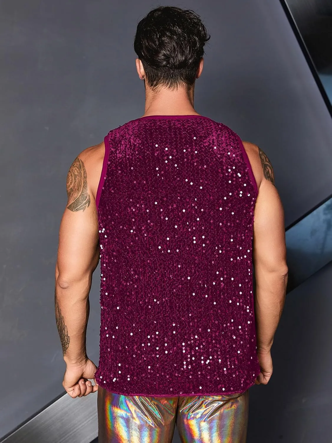 WDIRARA Men's Plus Size Sequin Sleeveless Round Neck Tank Top T Shirt Party Clubwear Top