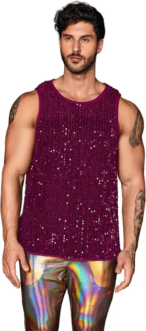 WDIRARA Men's Plus Size Sequin Sleeveless Round Neck Tank Top T Shirt Party Clubwear Top