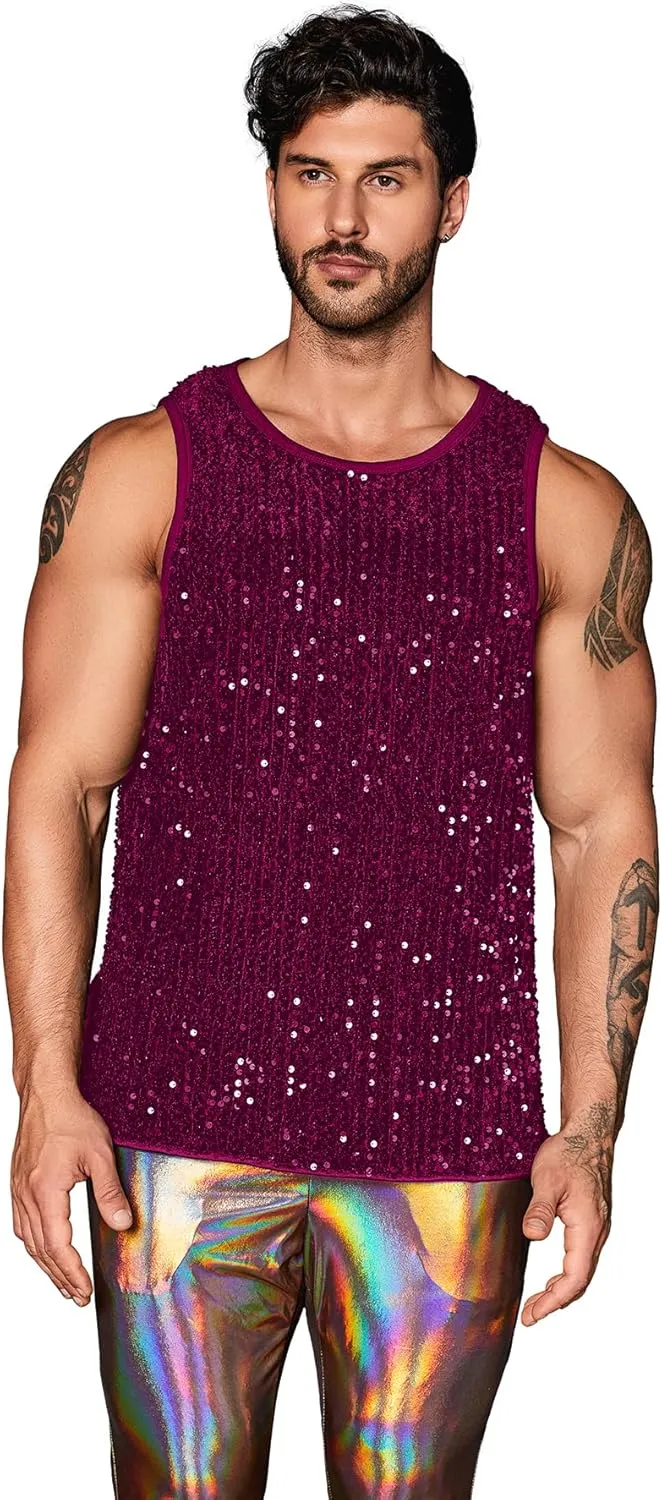 WDIRARA Men's Plus Size Sequin Sleeveless Round Neck Tank Top T Shirt Party Clubwear Top