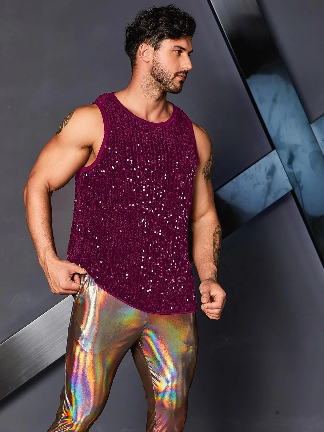 WDIRARA Men's Plus Size Sequin Sleeveless Round Neck Tank Top T Shirt Party Clubwear Top
