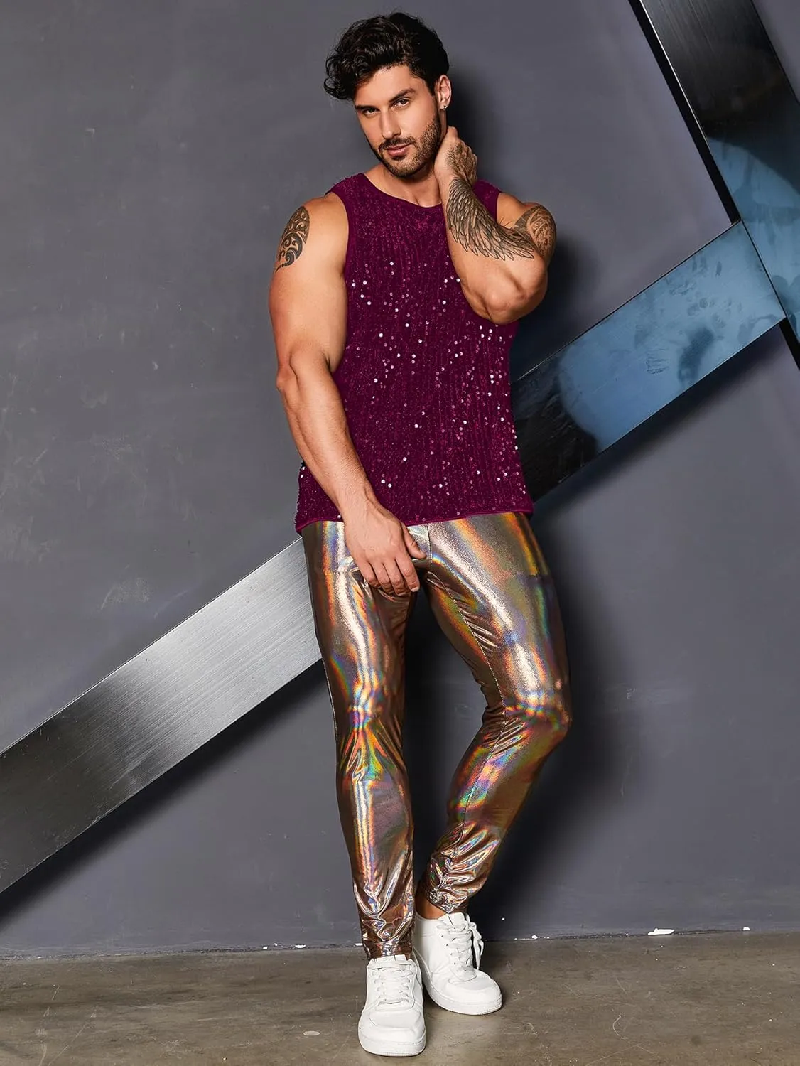 WDIRARA Men's Plus Size Sequin Sleeveless Round Neck Tank Top T Shirt Party Clubwear Top