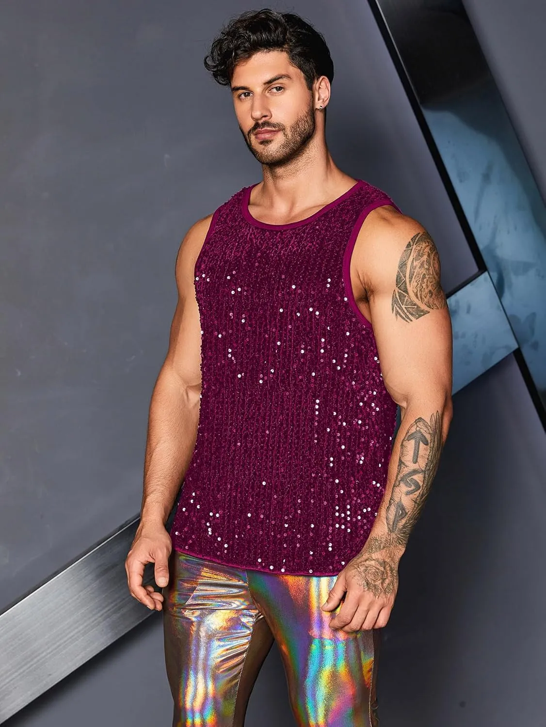 WDIRARA Men's Plus Size Sequin Sleeveless Round Neck Tank Top T Shirt Party Clubwear Top