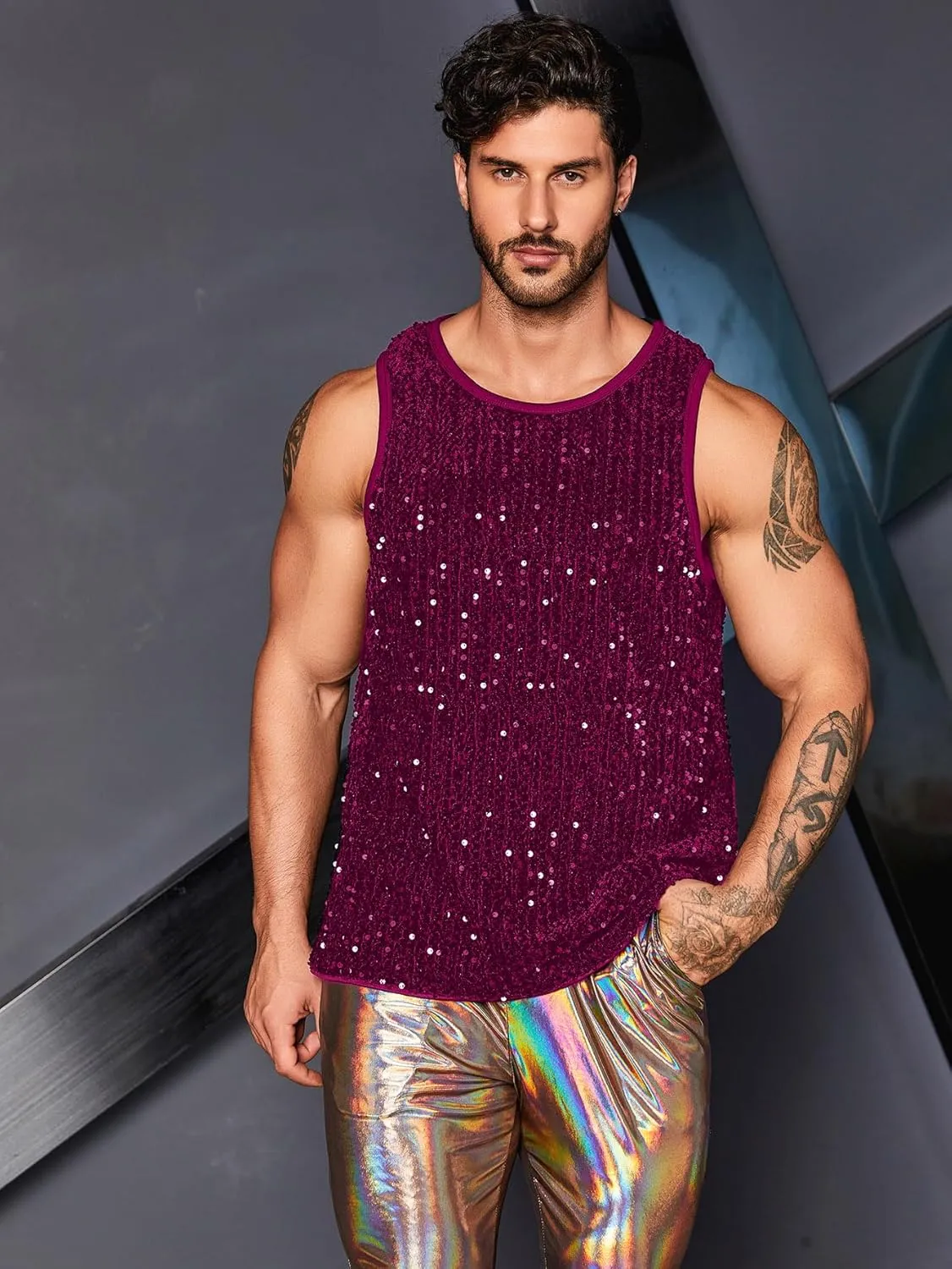 WDIRARA Men's Plus Size Sequin Sleeveless Round Neck Tank Top T Shirt Party Clubwear Top