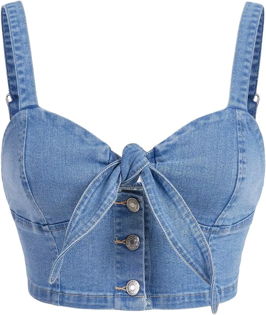 WDIRARA Women's Denim Tie Knot Tank Top Button Decor Sleeveless Y2k Jean Crop Top