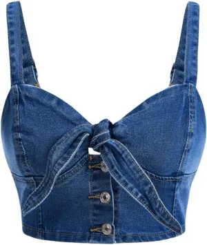 WDIRARA Women's Denim Tie Knot Tank Top Button Decor Sleeveless Y2k Jean Crop Top