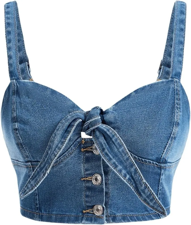 WDIRARA Women's Denim Tie Knot Tank Top Button Decor Sleeveless Y2k Jean Crop Top