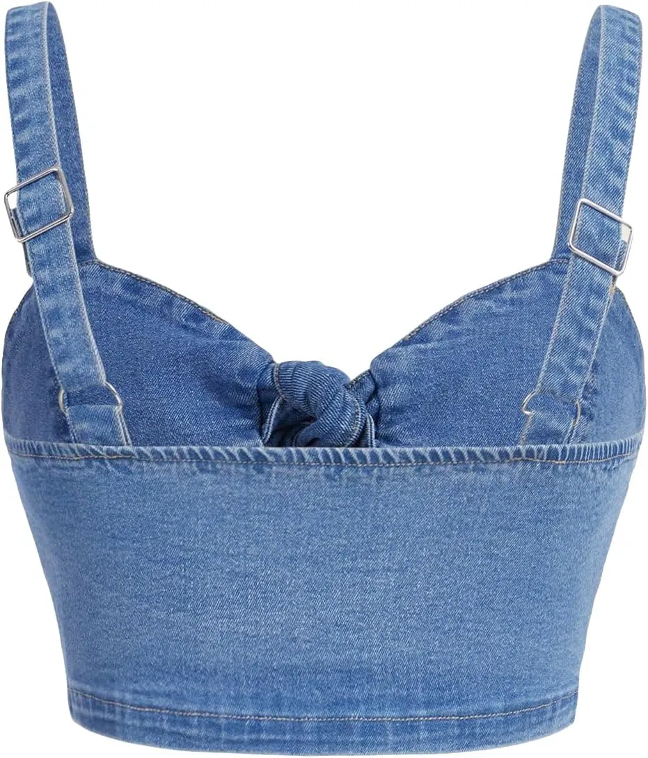 WDIRARA Women's Denim Tie Knot Tank Top Button Decor Sleeveless Y2k Jean Crop Top