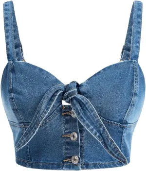 WDIRARA Women's Denim Tie Knot Tank Top Button Decor Sleeveless Y2k Jean Crop Top