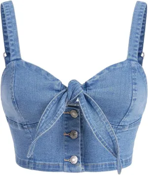 WDIRARA Women's Denim Tie Knot Tank Top Button Decor Sleeveless Y2k Jean Crop Top
