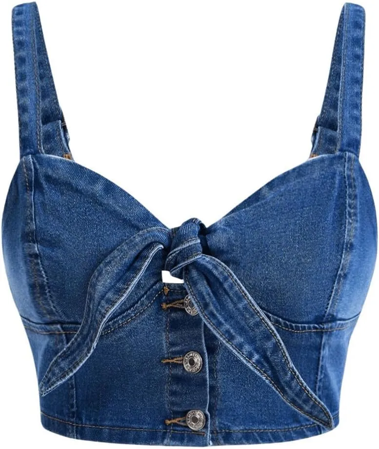 WDIRARA Women's Denim Tie Knot Tank Top Button Decor Sleeveless Y2k Jean Crop Top
