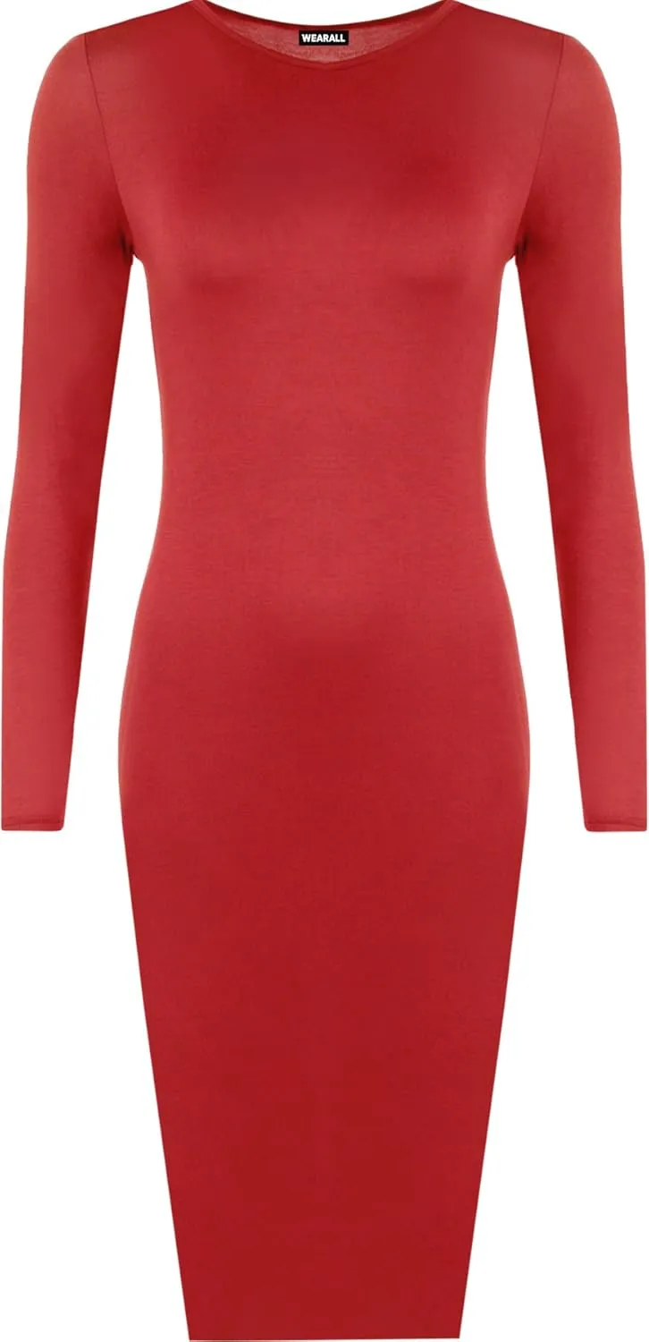 WearAll Womens Plus Size Plain Long Sleeve Bodycon Ladies Stretch Midi Dress - Sizes 12-22