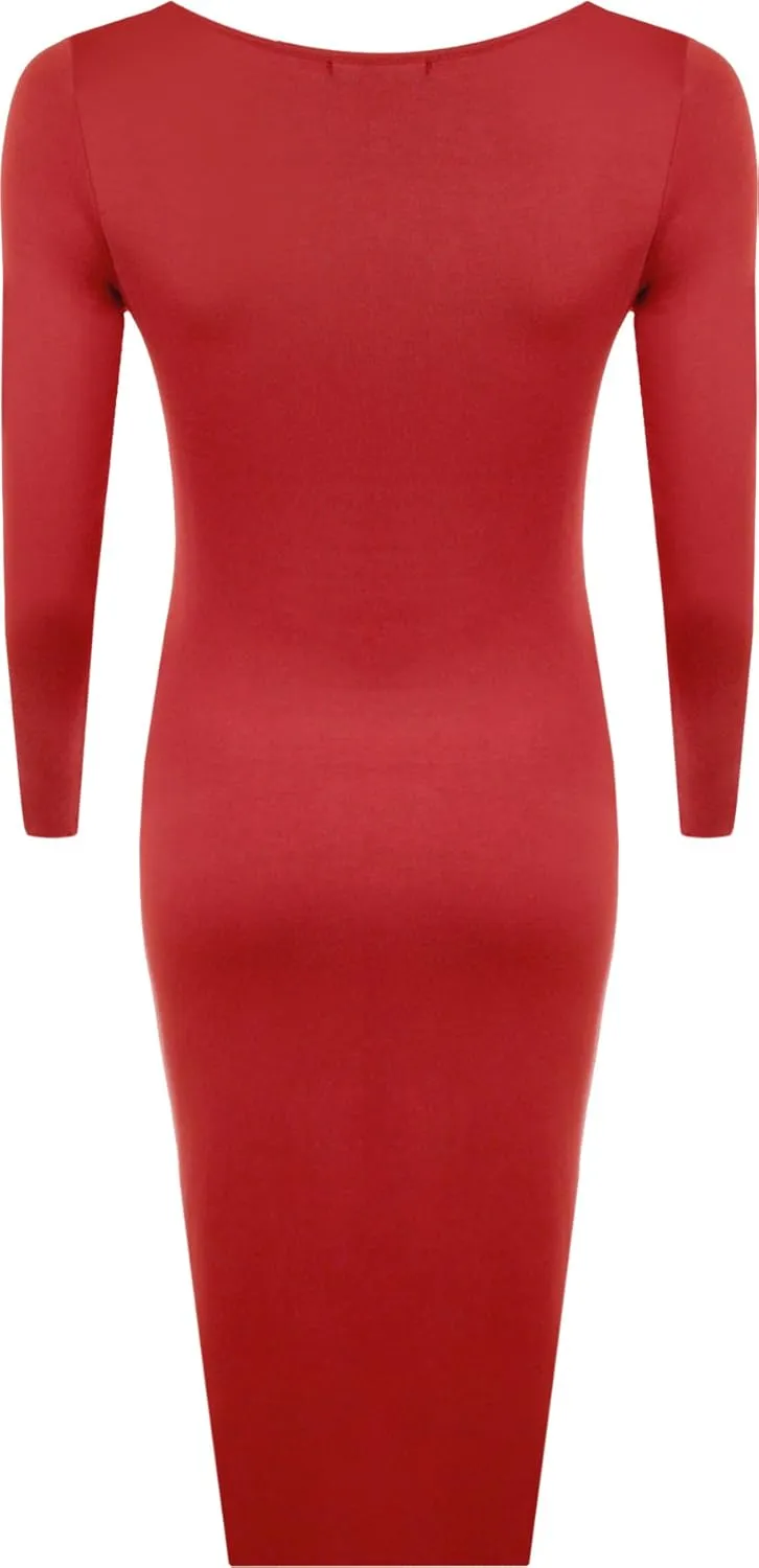 WearAll Womens Plus Size Plain Long Sleeve Bodycon Ladies Stretch Midi Dress - Sizes 12-22