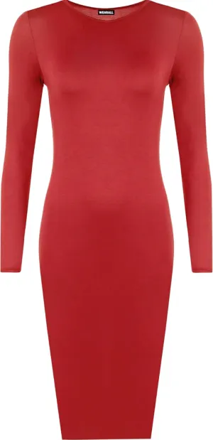 WearAll Womens Plus Size Plain Long Sleeve Bodycon Ladies Stretch Midi Dress - Sizes 12-22