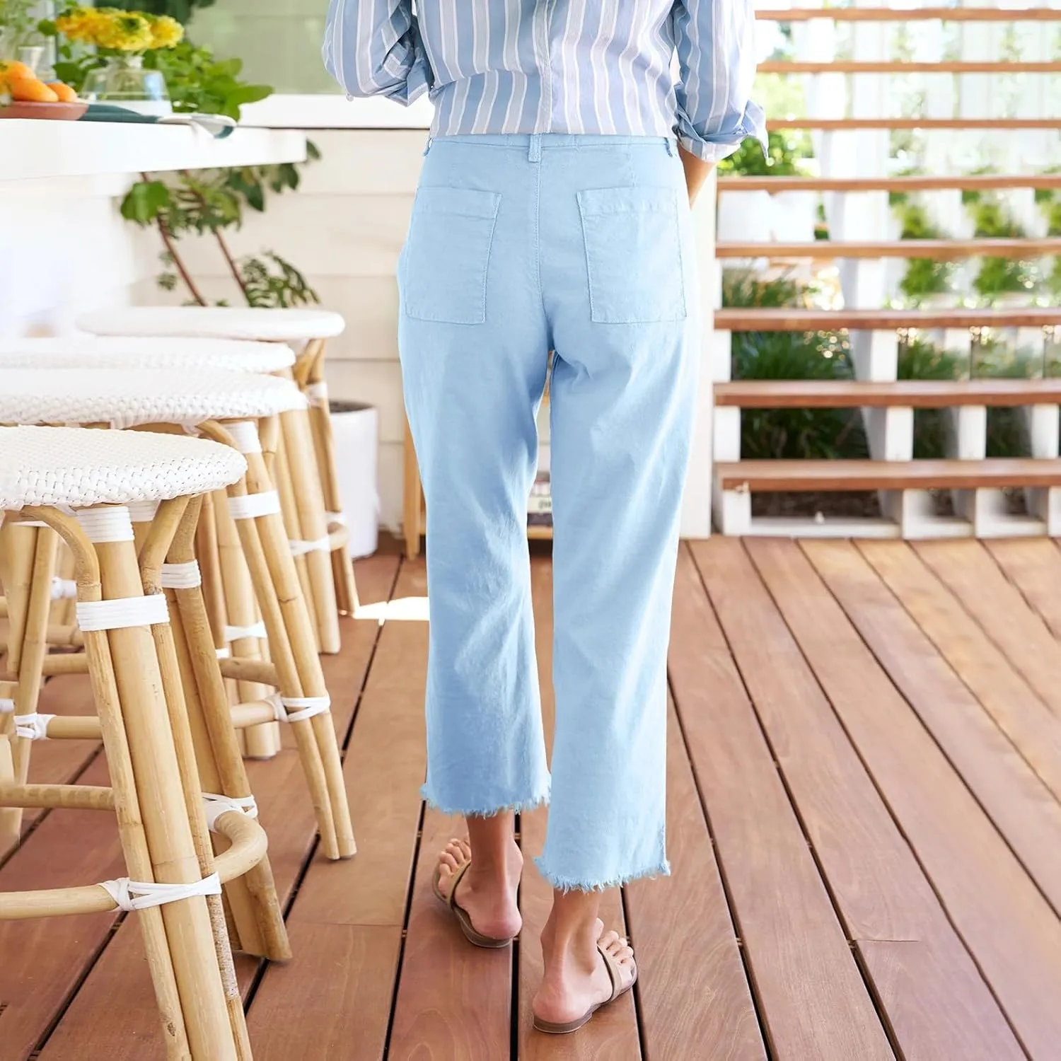 Wide Leg Dress Pants for Women Frayed Hem Elastic High Waisted Linen Pants Casual Summer Cropped Pants with Pockets