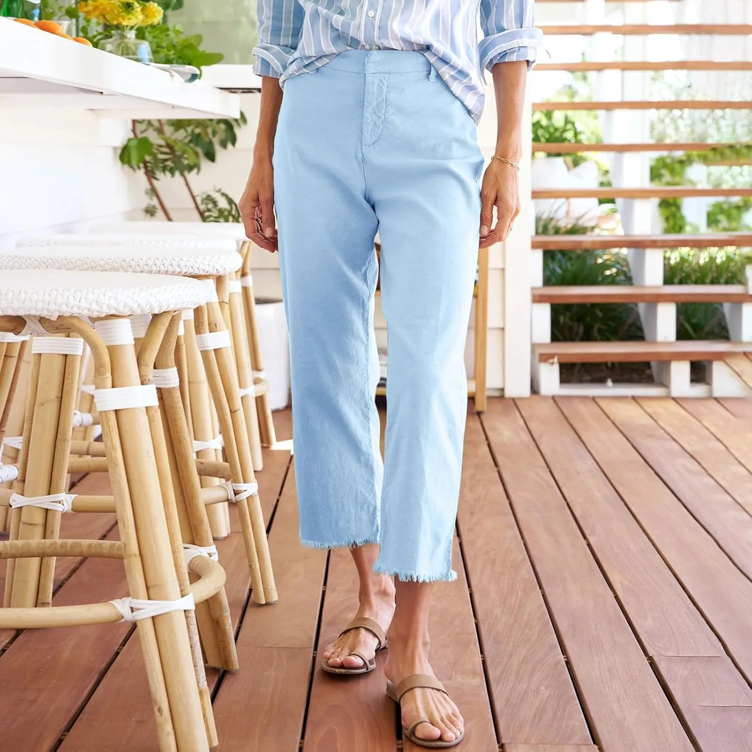 Wide Leg Dress Pants for Women Frayed Hem Elastic High Waisted Linen Pants Casual Summer Cropped Pants with Pockets