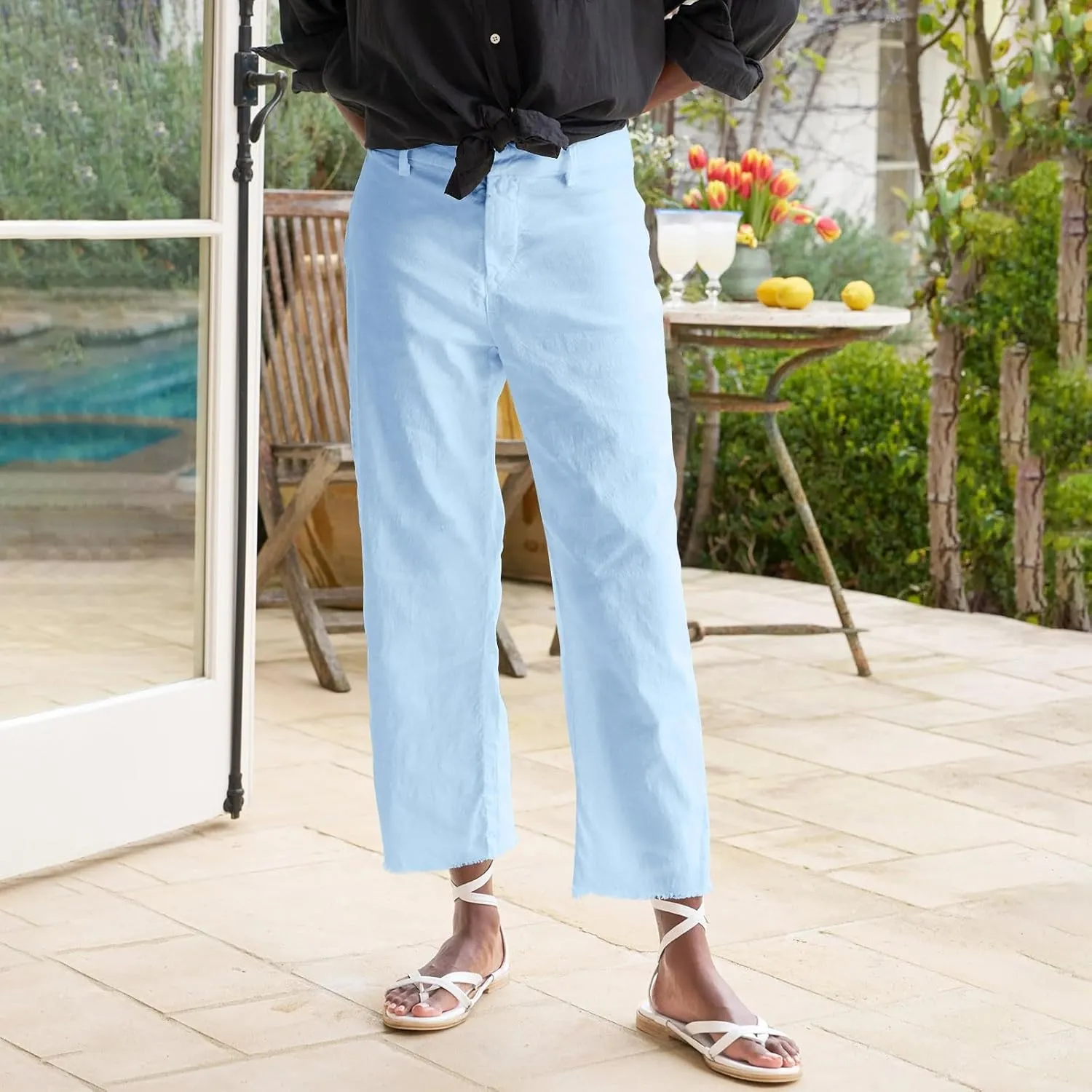 Wide Leg Dress Pants for Women Frayed Hem Elastic High Waisted Linen Pants Casual Summer Cropped Pants with Pockets