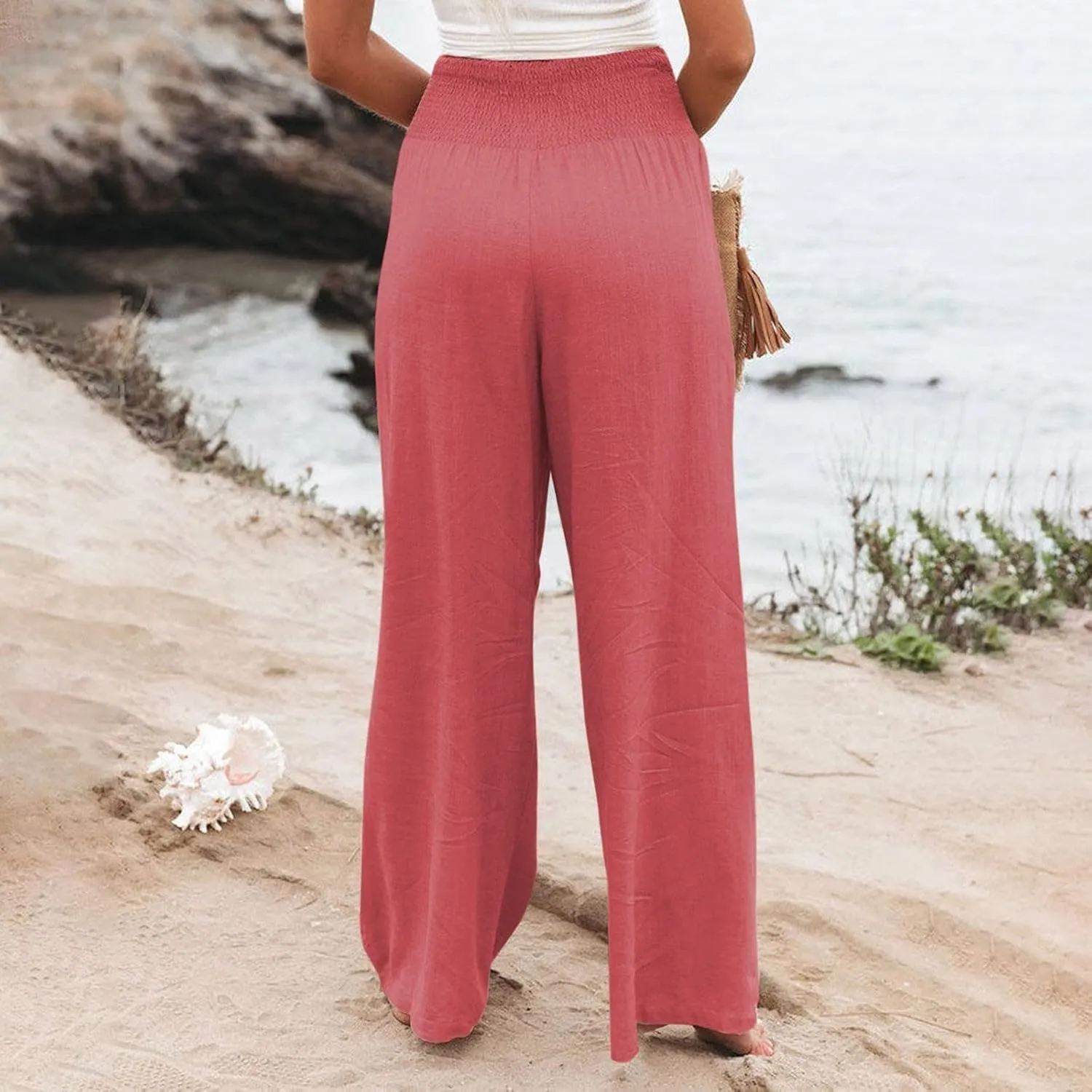 Wide Leg Pants for Women High Smocked Waist Comfy Loose Fit Flowy Summer Beach Lightweight Palazzo Trousers with Pockets