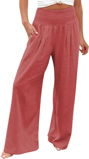 Wide Leg Pants for Women High Smocked Waist Comfy Loose Fit Flowy Summer Beach Lightweight Palazzo Trousers with Pockets