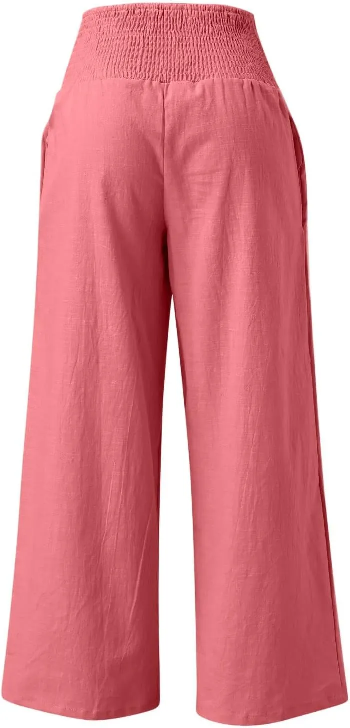 Wide Leg Pants for Women High Smocked Waist Comfy Loose Fit Flowy Summer Beach Lightweight Palazzo Trousers with Pockets