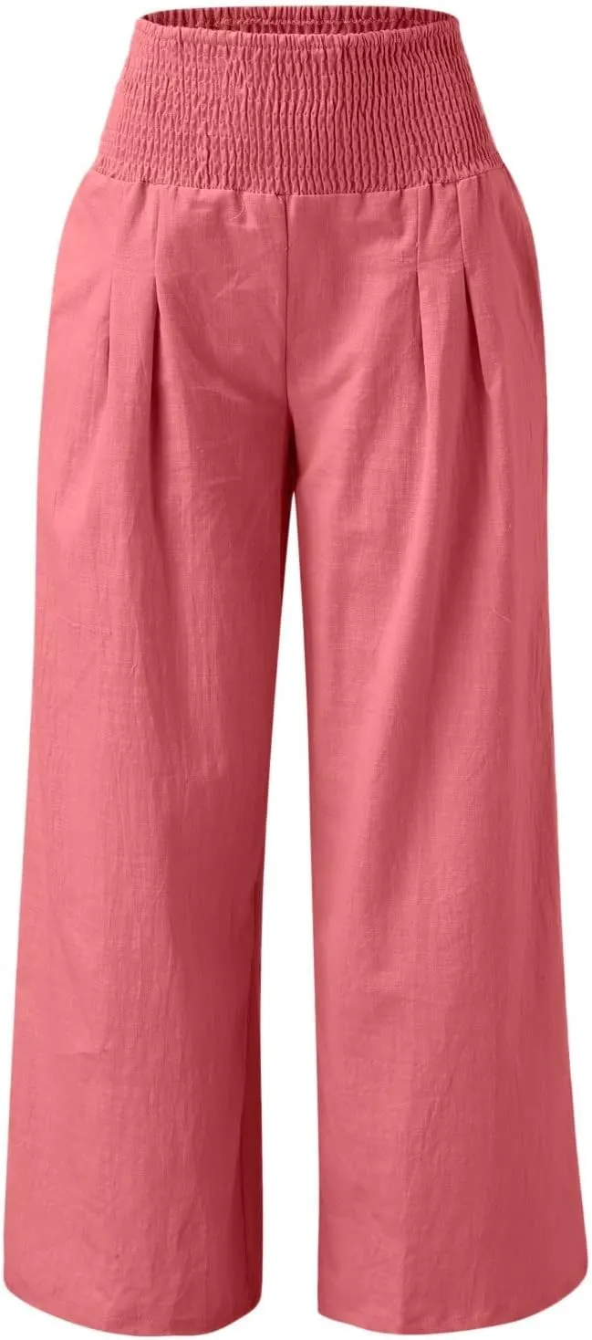 Wide Leg Pants for Women High Smocked Waist Comfy Loose Fit Flowy Summer Beach Lightweight Palazzo Trousers with Pockets