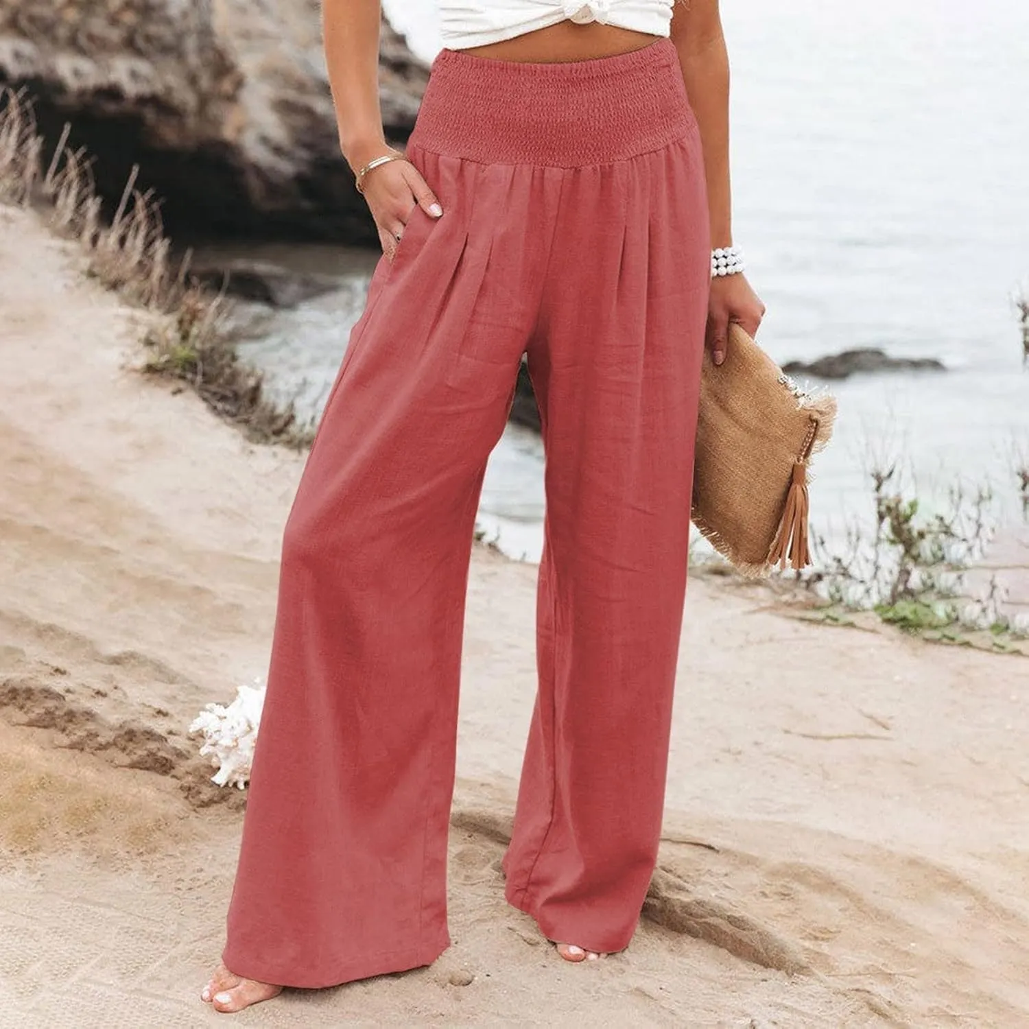 Wide Leg Pants for Women High Smocked Waist Comfy Loose Fit Flowy Summer Beach Lightweight Palazzo Trousers with Pockets
