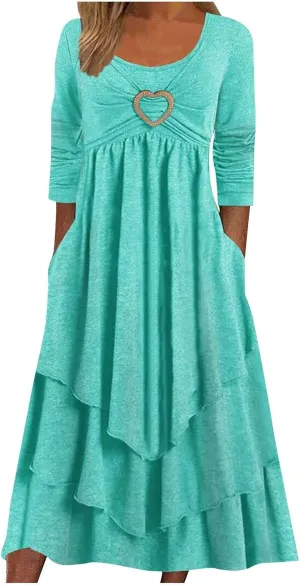 Winter Dresses for Women Wedding Guests Casual Cute Heart Long Sleeve Tiered Maxi Dress with Pockets Plus Size