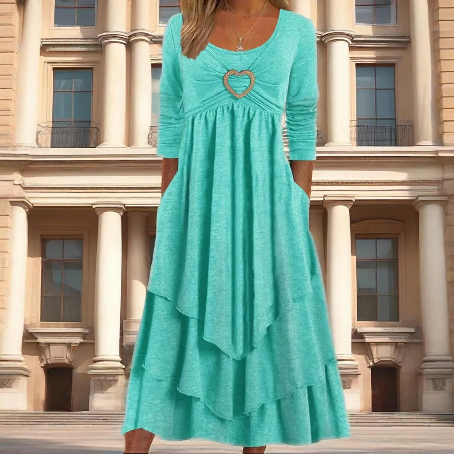 Winter Dresses for Women Wedding Guests Casual Cute Heart Long Sleeve Tiered Maxi Dress with Pockets Plus Size