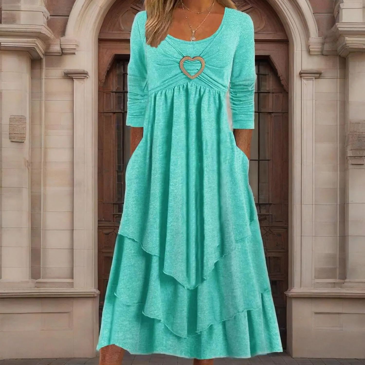 Winter Dresses for Women Wedding Guests Casual Cute Heart Long Sleeve Tiered Maxi Dress with Pockets Plus Size
