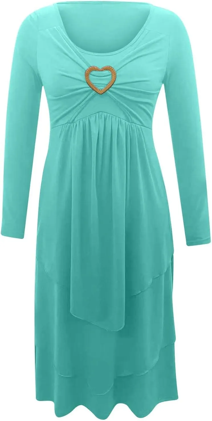Winter Dresses for Women Wedding Guests Casual Cute Heart Long Sleeve Tiered Maxi Dress with Pockets Plus Size