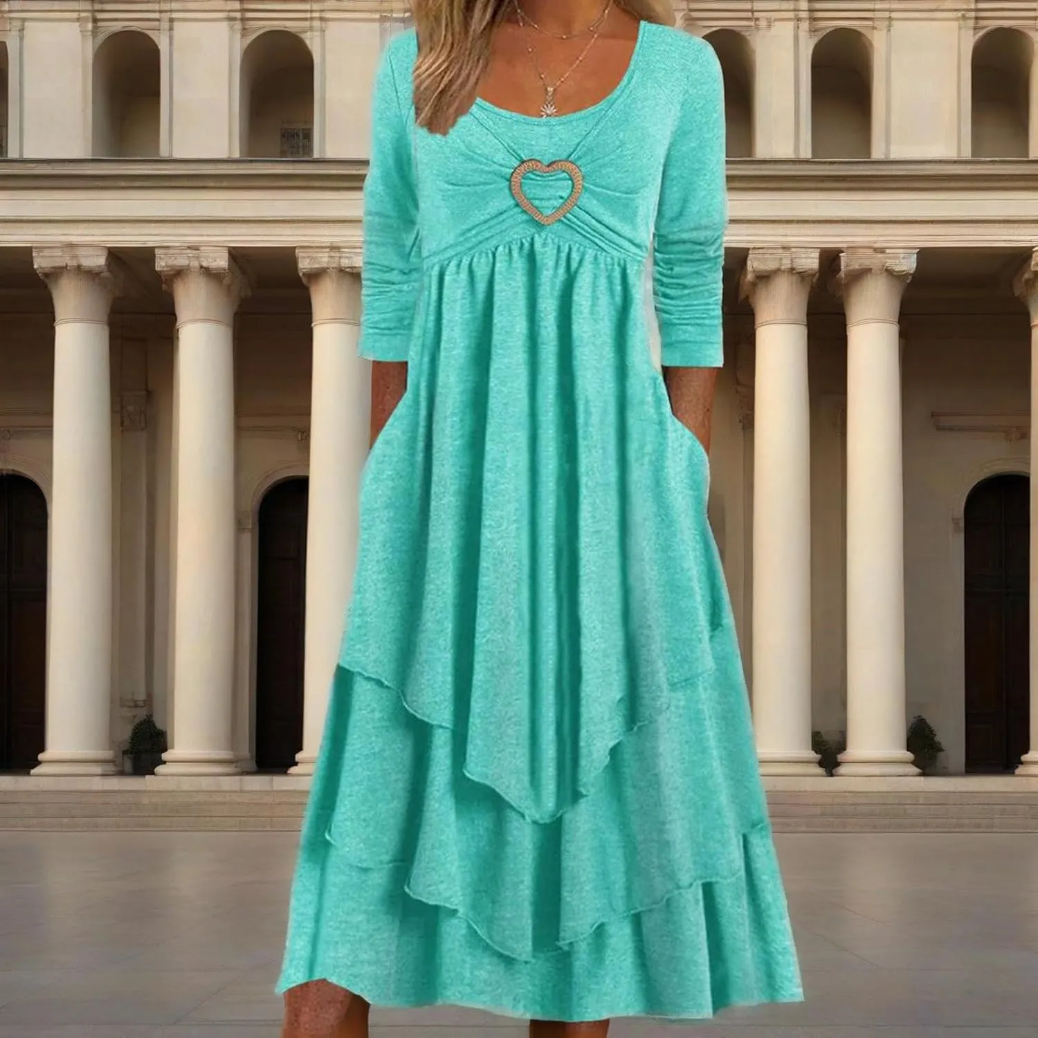 Winter Dresses for Women Wedding Guests Casual Cute Heart Long Sleeve Tiered Maxi Dress with Pockets Plus Size