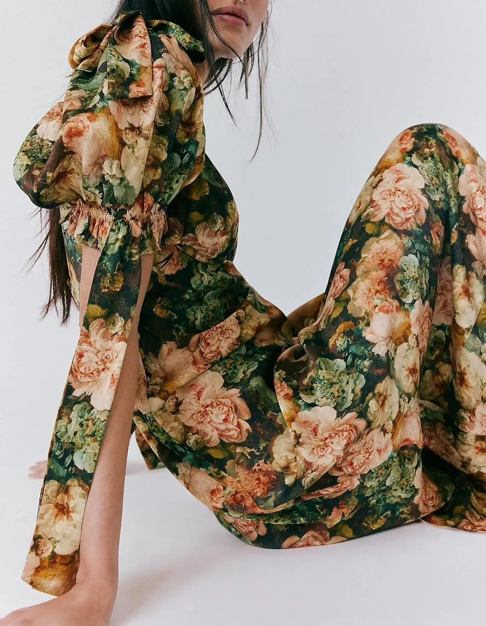Woman Floral Puff Sleeve Maxi Dress Square Neck Ruffle Flowy Long Dresses Boho Tiered A Line Summer Sundress