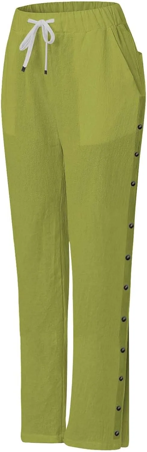 Women Beach Pants Linen Capri Pants Summer Casual Trousers Ladies Pinstripe Pant Drawstring Elastic Waist Pant