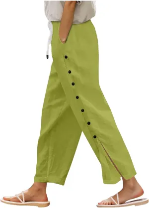 Women Beach Pants Linen Capri Pants Summer Casual Trousers Ladies Pinstripe Pant Drawstring Elastic Waist Pant