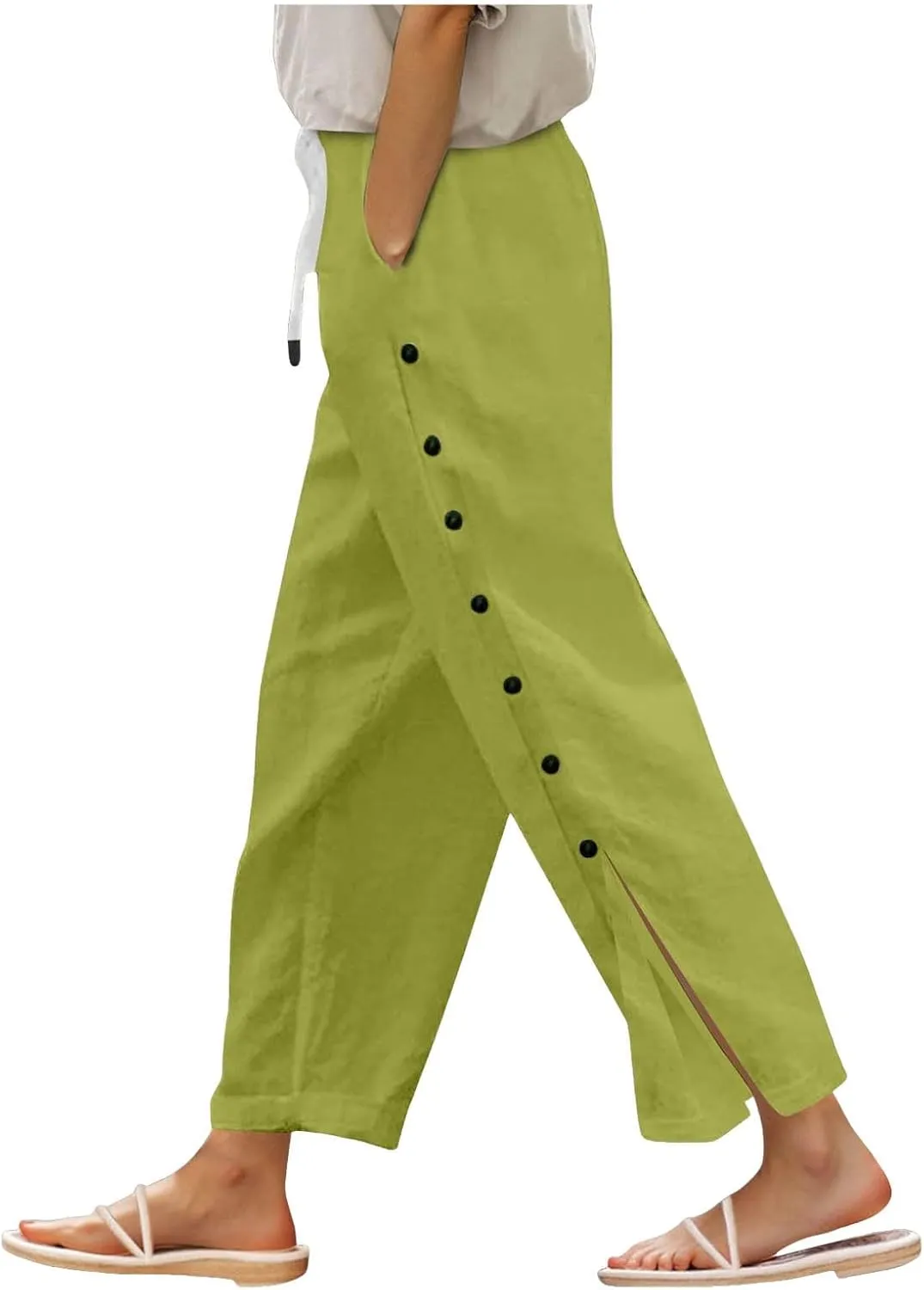Women Beach Pants Linen Capri Pants Summer Casual Trousers Ladies Pinstripe Pant Drawstring Elastic Waist Pant