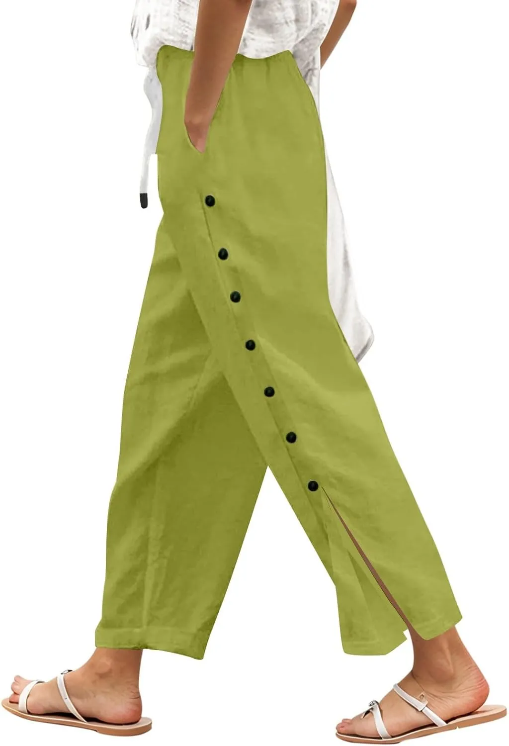 Women Beach Pants Linen Capri Pants Summer Casual Trousers Ladies Pinstripe Pant Drawstring Elastic Waist Pant