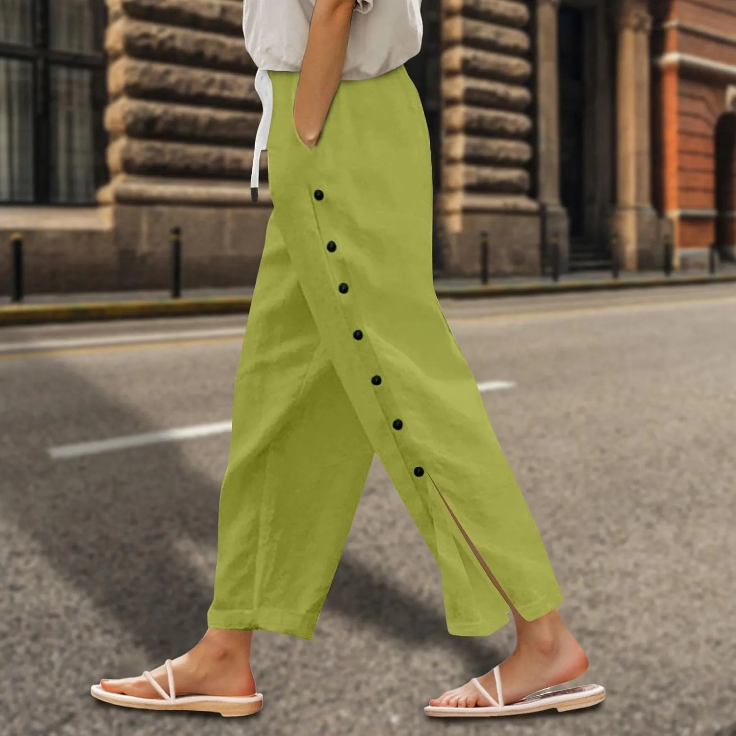 Women Beach Pants Linen Capri Pants Summer Casual Trousers Ladies Pinstripe Pant Drawstring Elastic Waist Pant