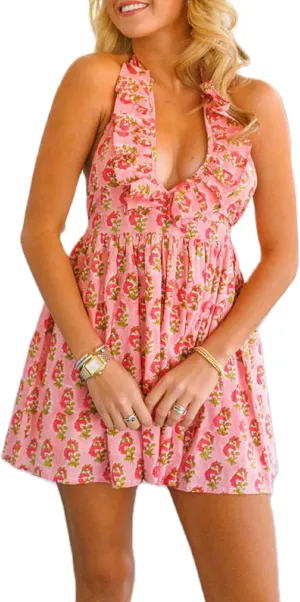 Women Boho Frill Halter Neck Mini Dress Backless V Neck Ruffle Hem Short Dresses Sleeveless Floral Summer Beach Dress