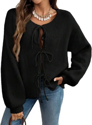 Women Casual Bow Tie Front Cardigan Sweater Solid Crew Neck Long Sleeve Self Tie Open Front Knit Sweater Top Fall