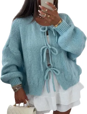 Women Casual Bow Tie Front Cardigan Sweater Solid Crew Neck Long Sleeve Self Tie Open Front Knit Sweater Top Fall